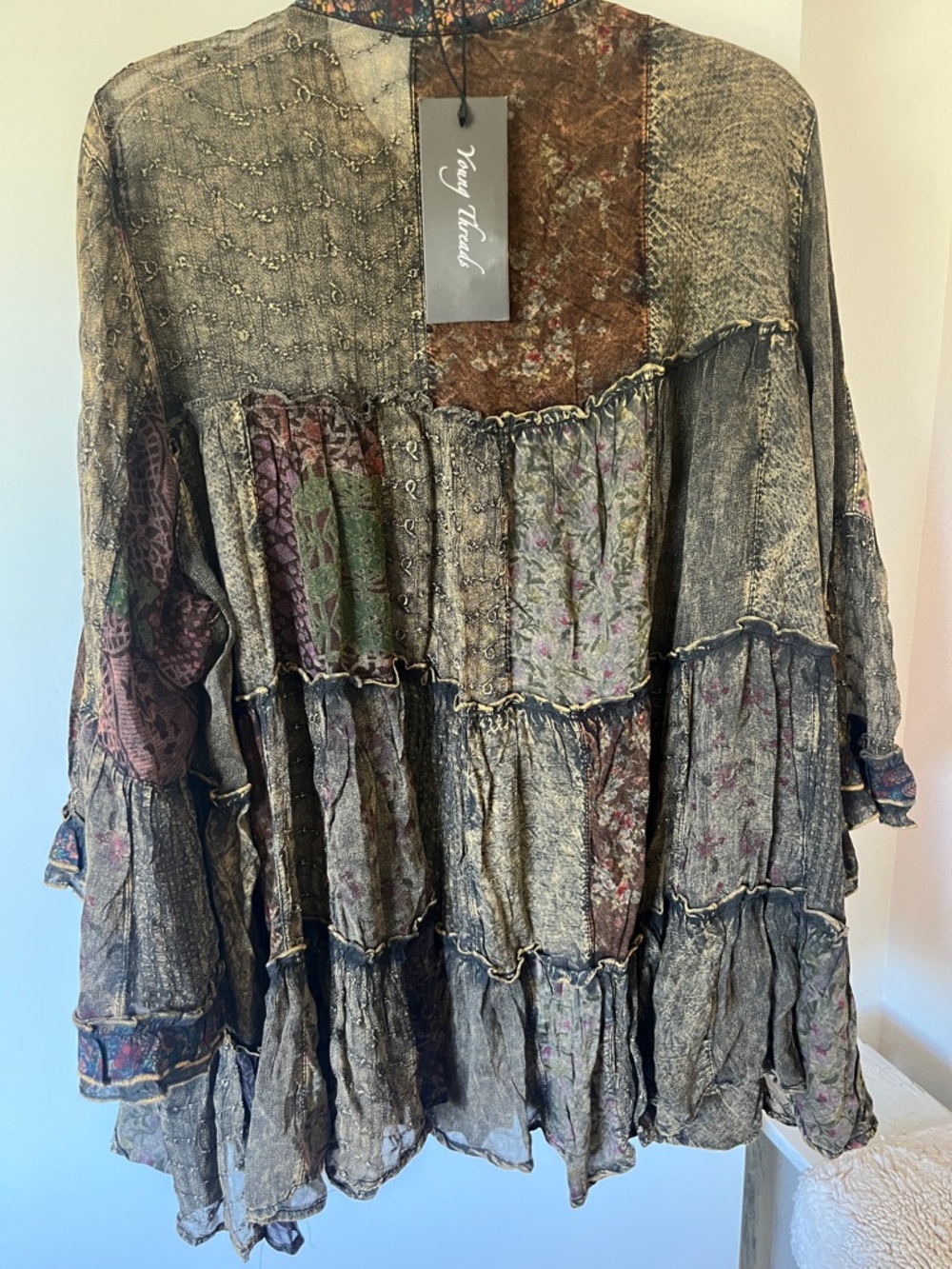 Young Threads rustic natural tiered tunic top in Olive plum and Multi patchwork - Picture 6 of 13